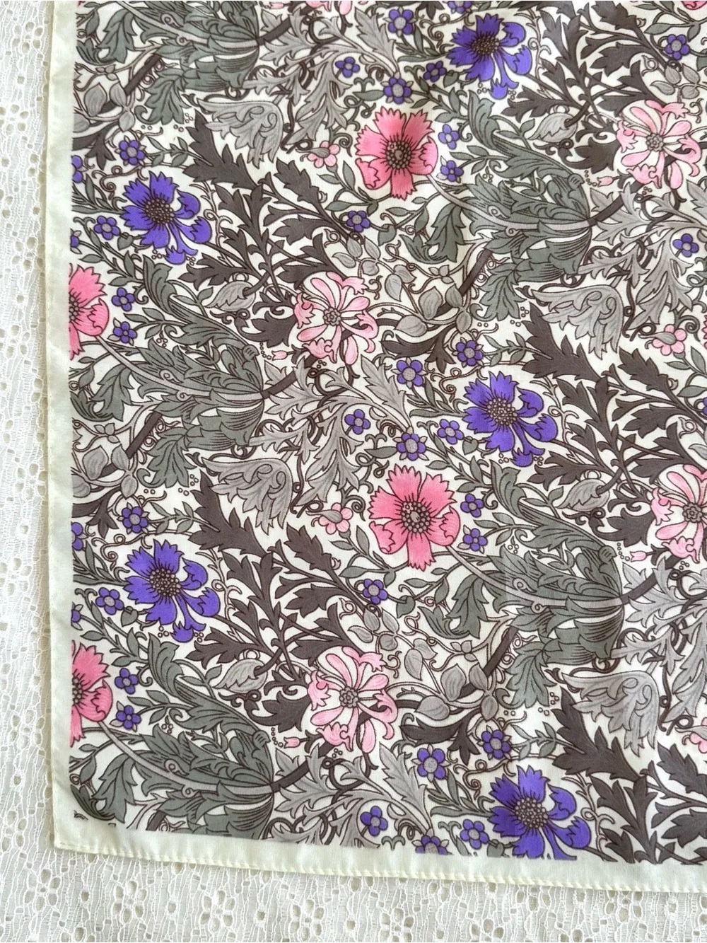 Floral Print Women's Square Scarf in Gray with Pink & Purple Flowers